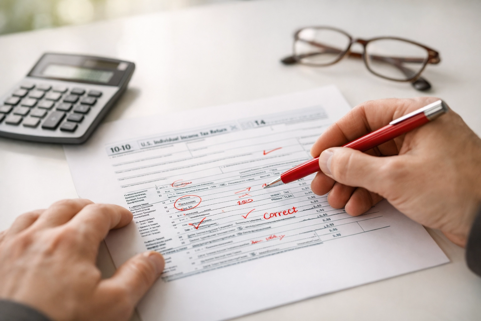 Tax preparer reviewing return documents with red pen to avoid IRS audit triggers