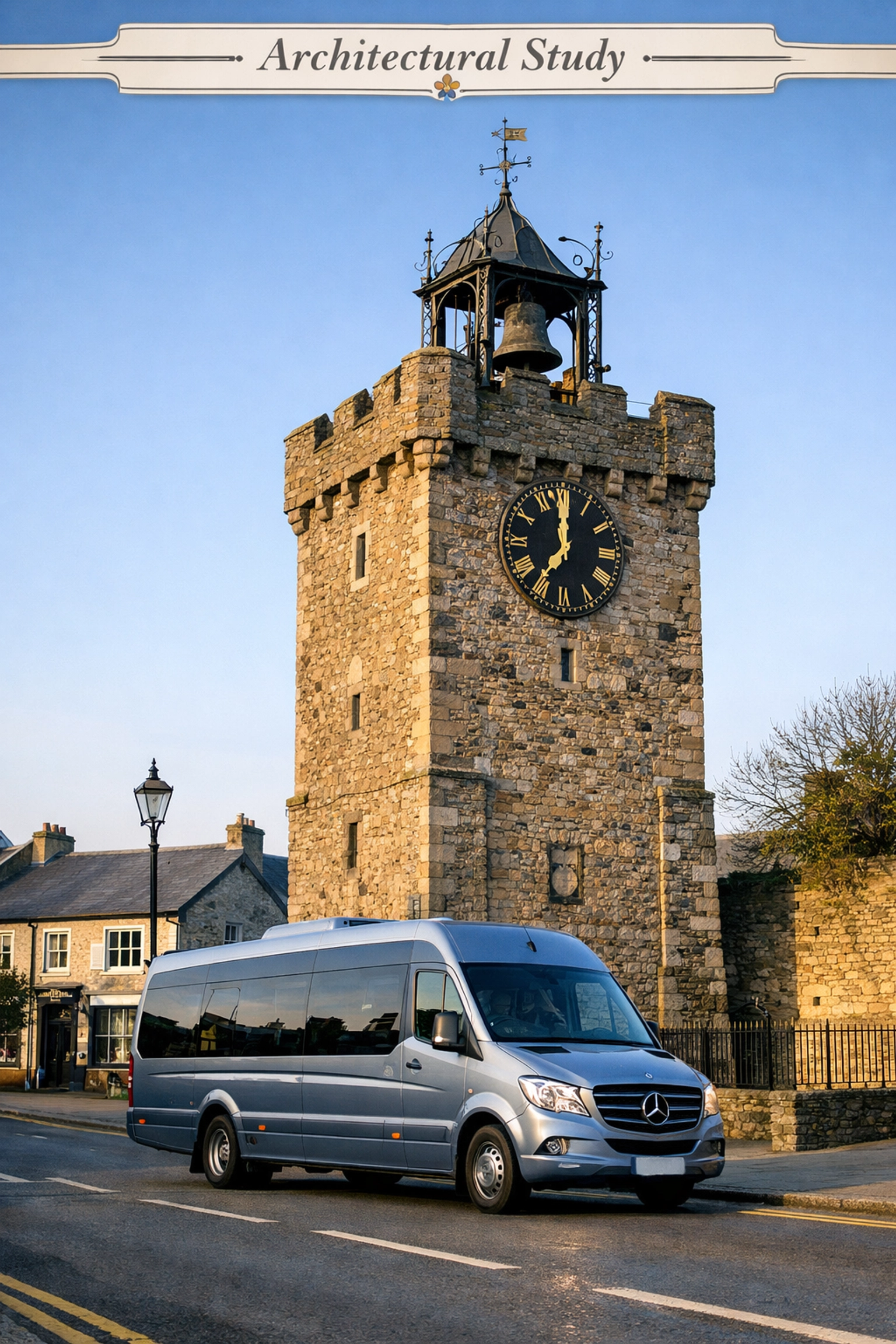 The historic 16th-century Curfew Tower in Moreton-in-Marsh with a Shakespeare Coaches tour minibus passing by.
