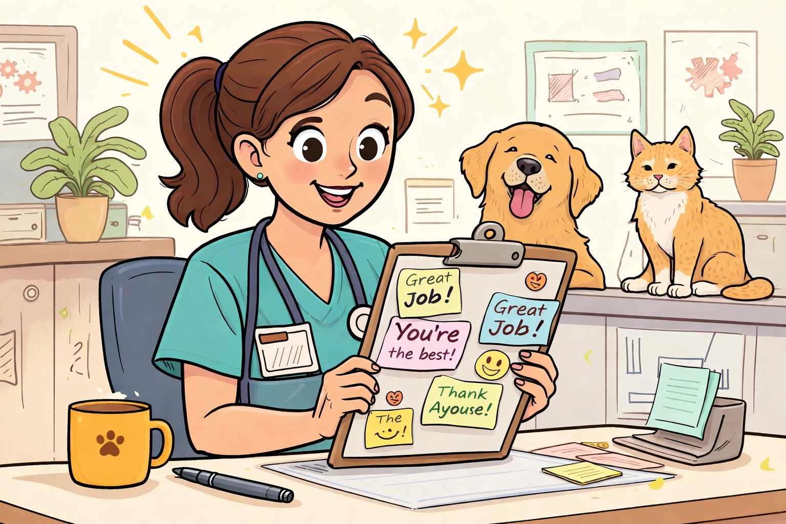 Illustration of a veterinary professional happily reviewing a clinic's positive feedback.