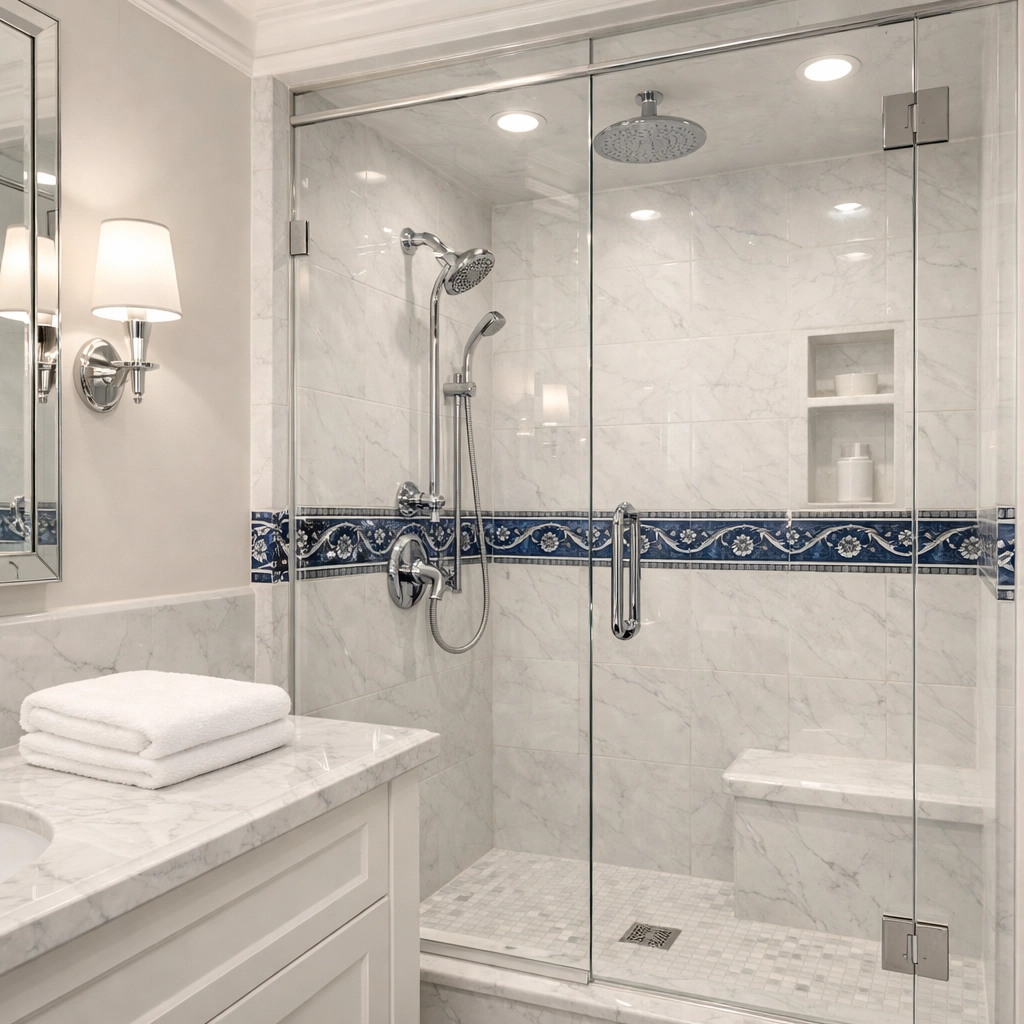Deeply sanitized luxury bathroom in Lancaster, MA with a sparkling glass shower and clean marble vanity.