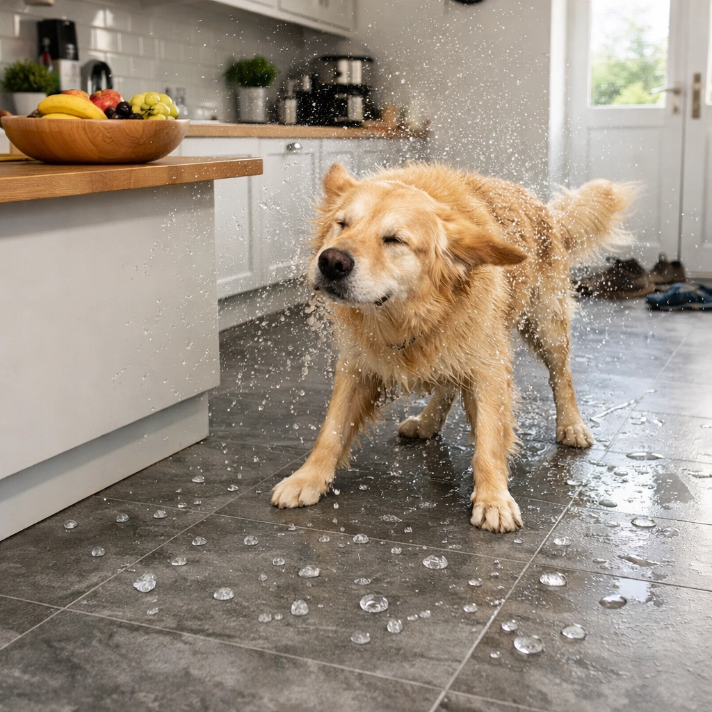 Waterproof stone-effect LVT flooring in a kitchen with a dog and water droplets beading.