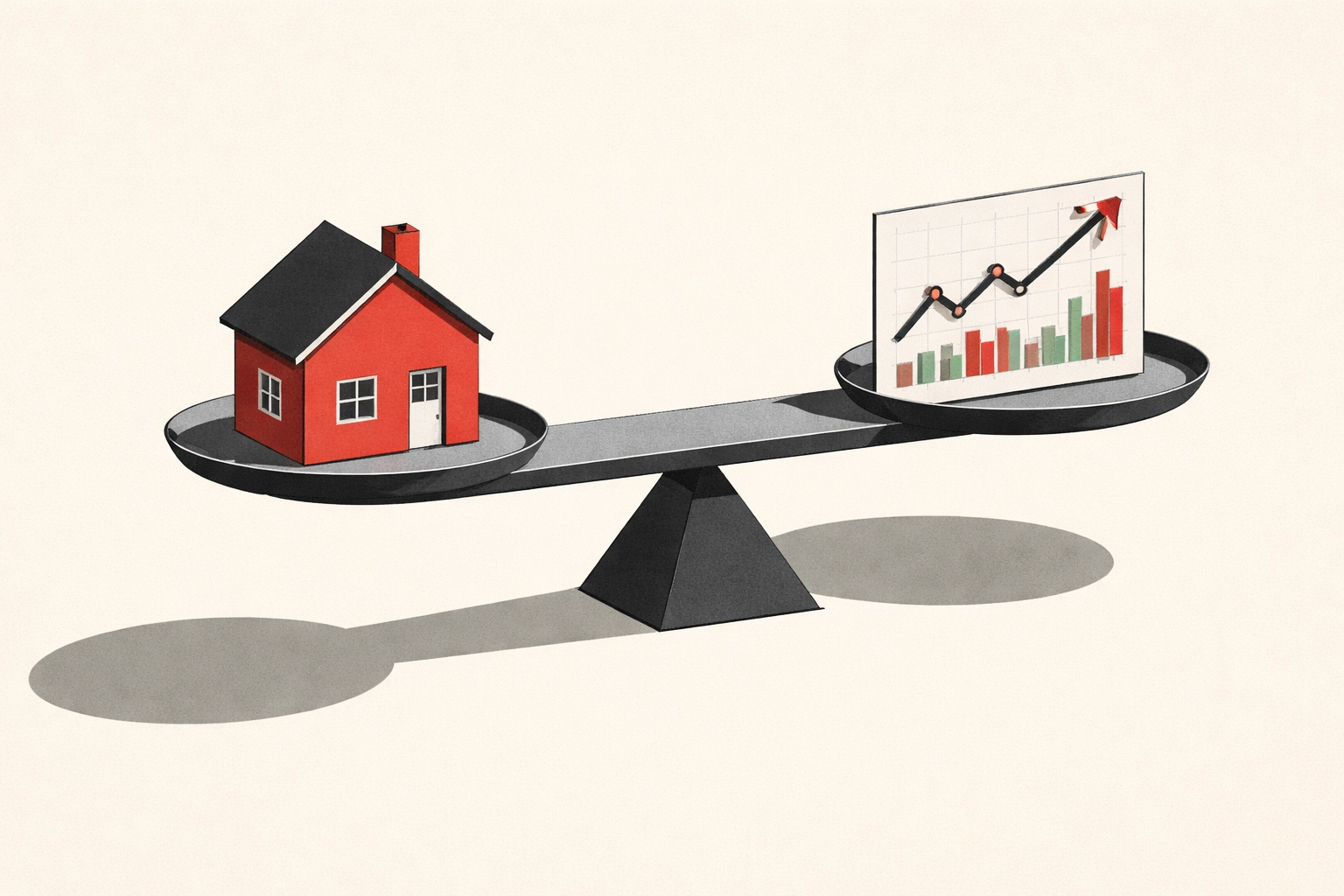 Minimalist illustration of a scale comparing real estate and stock market for passive income investing.