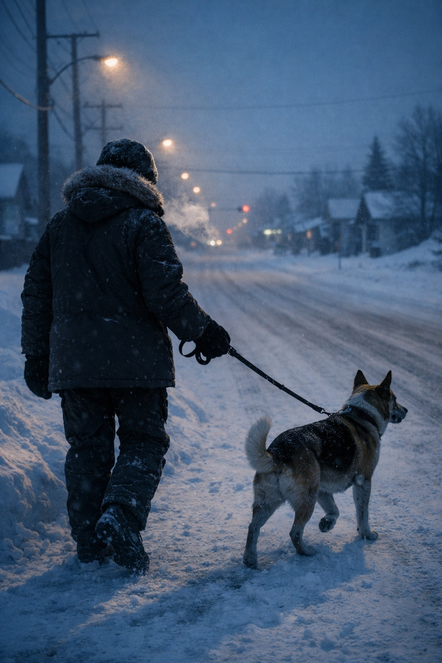 Dog owner walking dog on snowy winter street in Prince Albert, Saskatchewan Dog owner walking dog on snowy winter street in Prince Albert, Saskatchewan