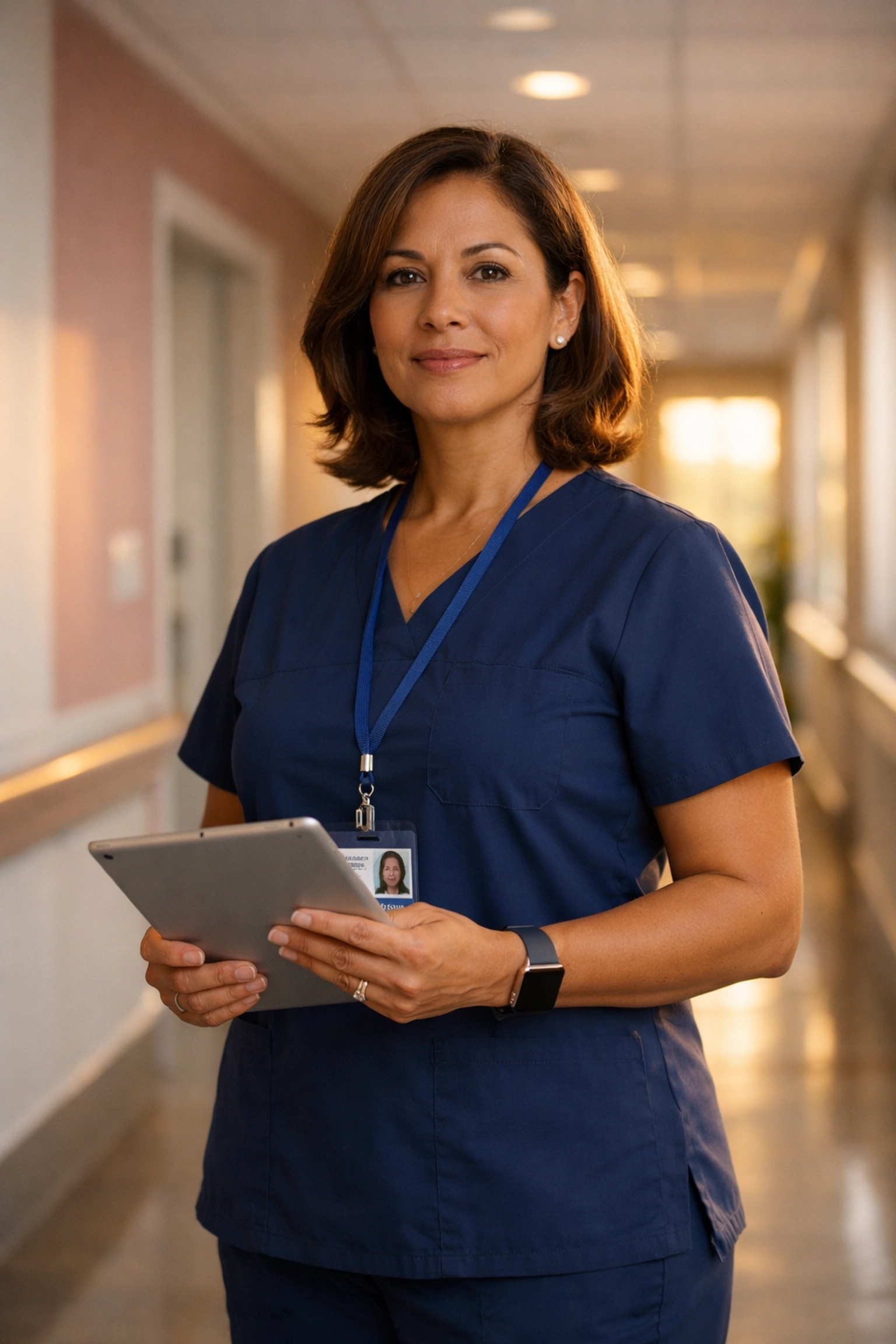 Confident Director of Nursing in long-term care facility hallway prepared for survey