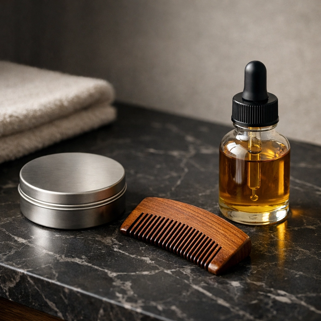 Premium men's grooming kit with a sandalwood comb, beard oil, and styling wax on a modern vanity.
