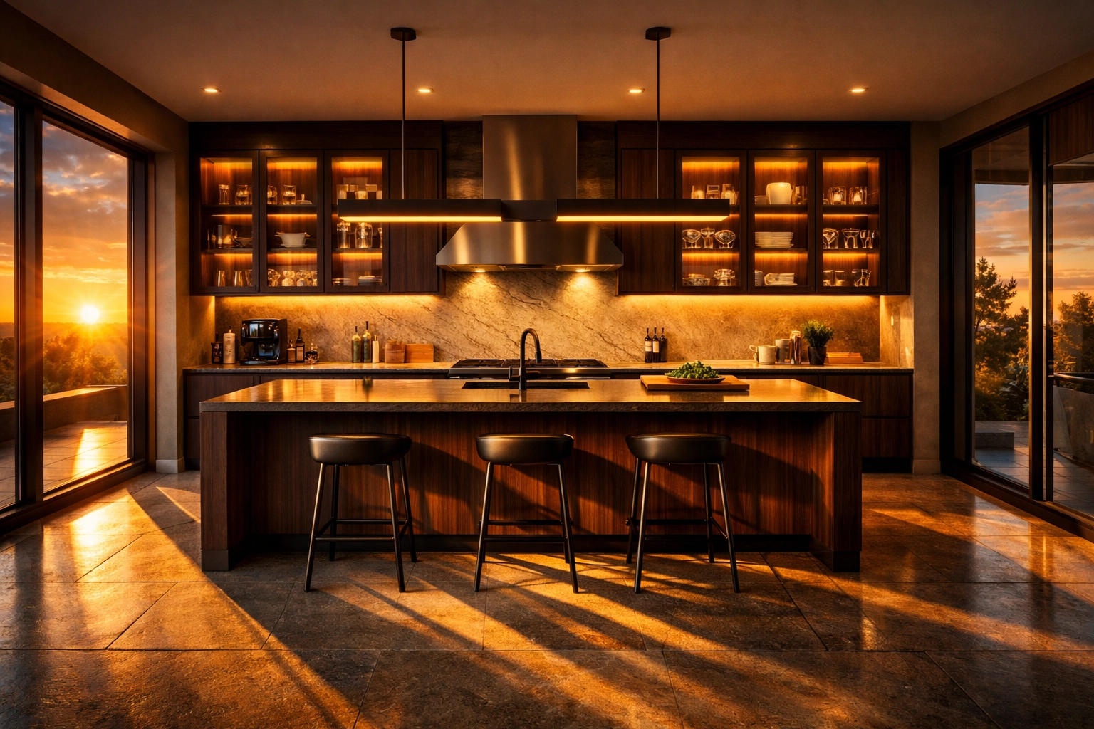Modern kitchen visualization showing warm sunset lighting and integrated LED cabinet lights.