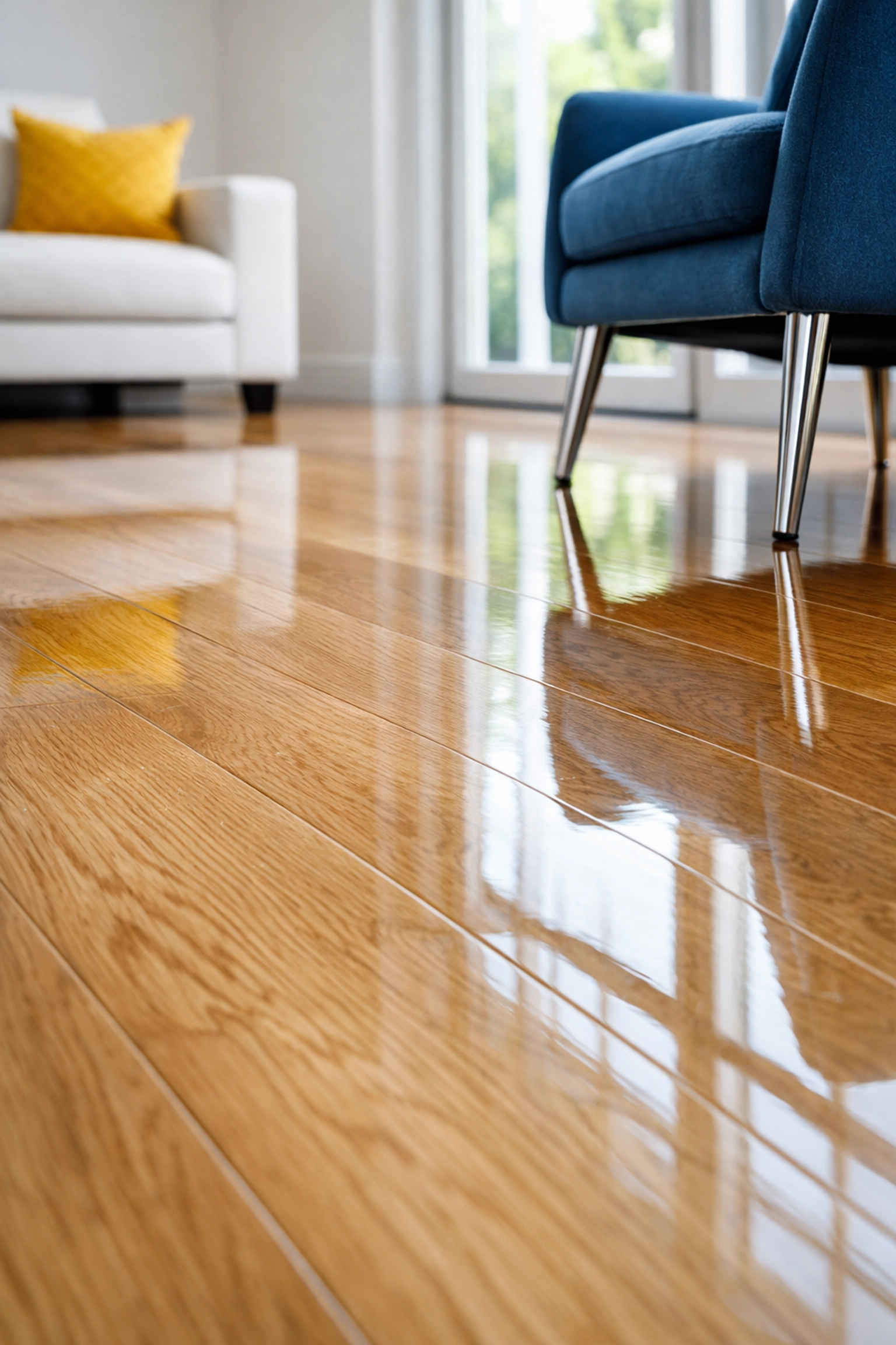 Professionally cleaned and polished light hardwood floors with a mirror-like finish in a luxury Lunenburg home.