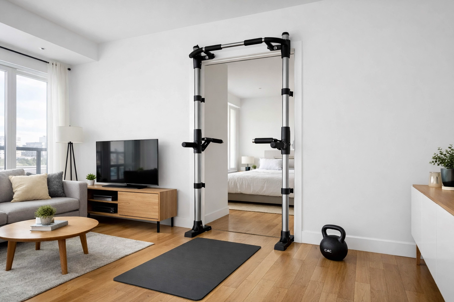 Floor-to-ceiling pull-up system installed in apartment doorway with no wall damage or holes