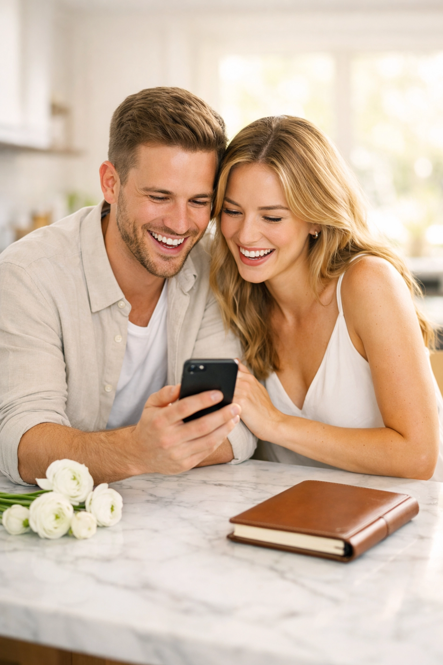 A happy couple uses a smartphone to track their wedding guest list and budget progress.