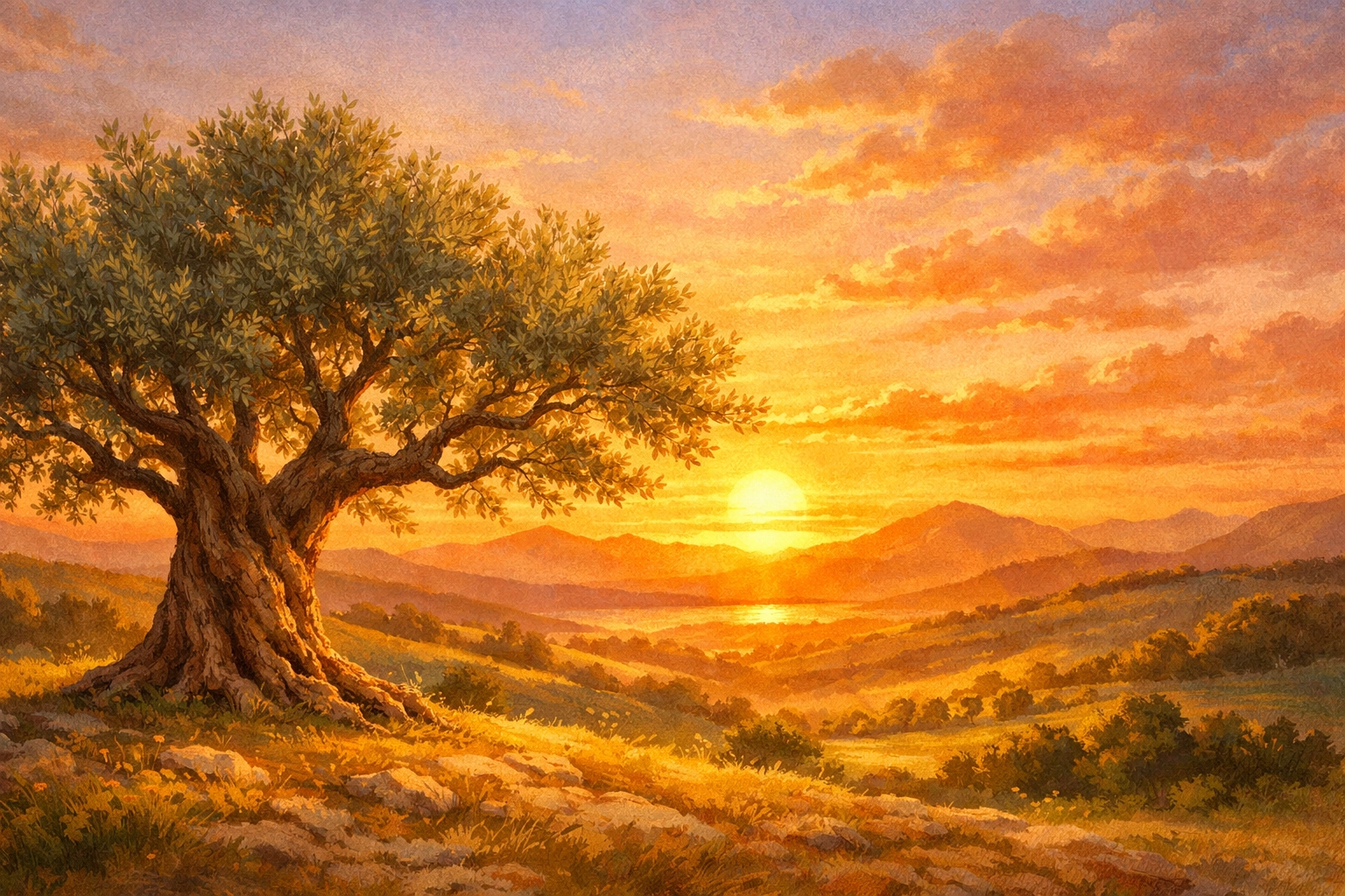 የእግዚአብሔር የተጠናቀቀ ሥራና ዕረፍቱን የሚያመለክት የወይራ ዛፍ ያለበት ኮረብቶች ላይ ሰላማዊ የፀሐይ መጥለቅ