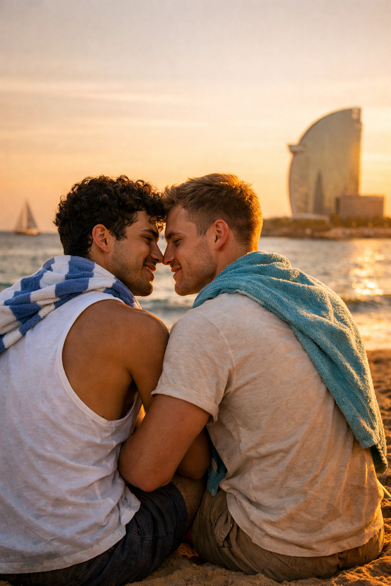 Two male water polo players sharing intimate moment on Barceloneta beach in Barcelona sunset