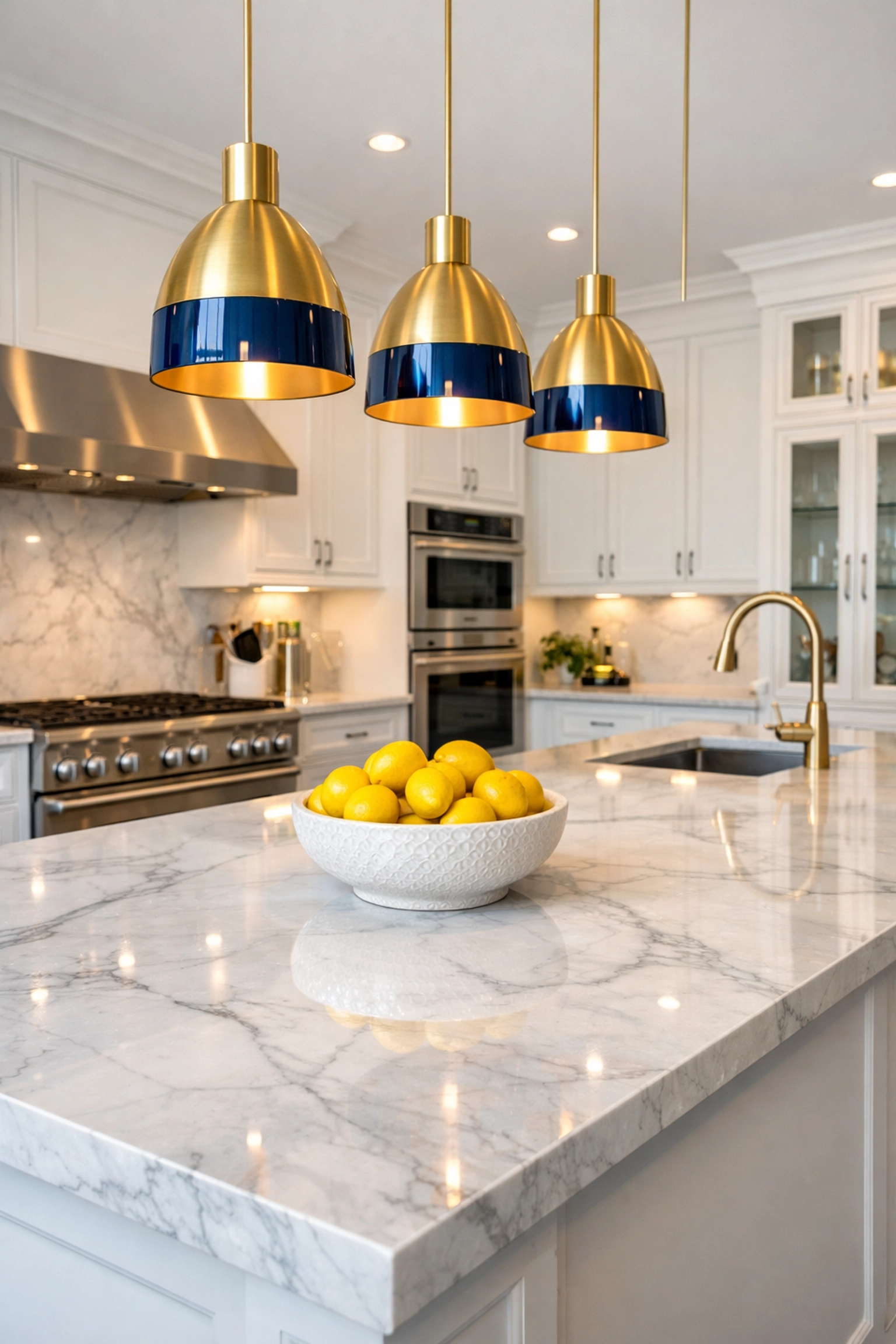 Pristine luxury kitchen in a Westborough estate featuring a polished marble island and sparkling appliances.