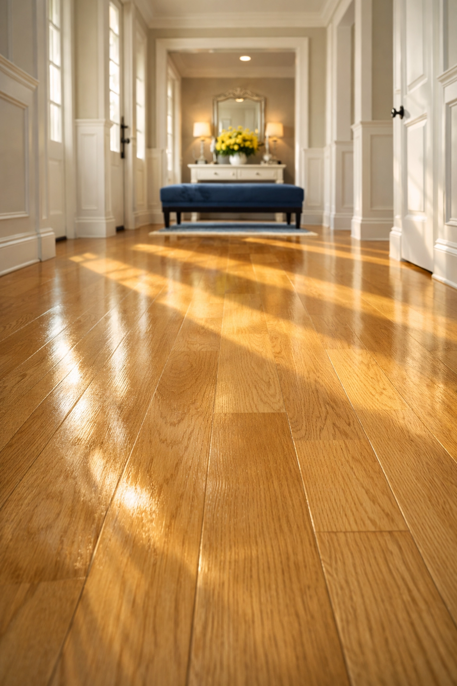 Pristine hardwood hallway showing a safe, chemical-free home environment after a professional eco-friendly deep clean.