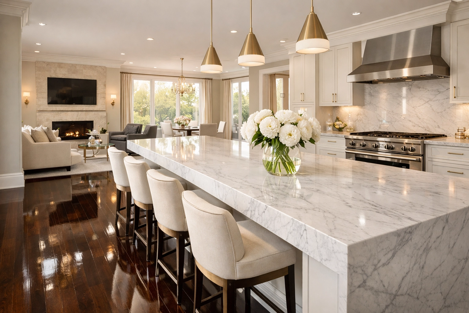 Pristine luxury Wellesley kitchen and living area maintained with professional weekly house cleaning services.