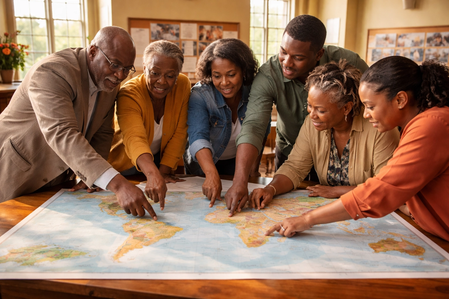Black community leaders collaborate around a world map, highlighting global community development solutions.