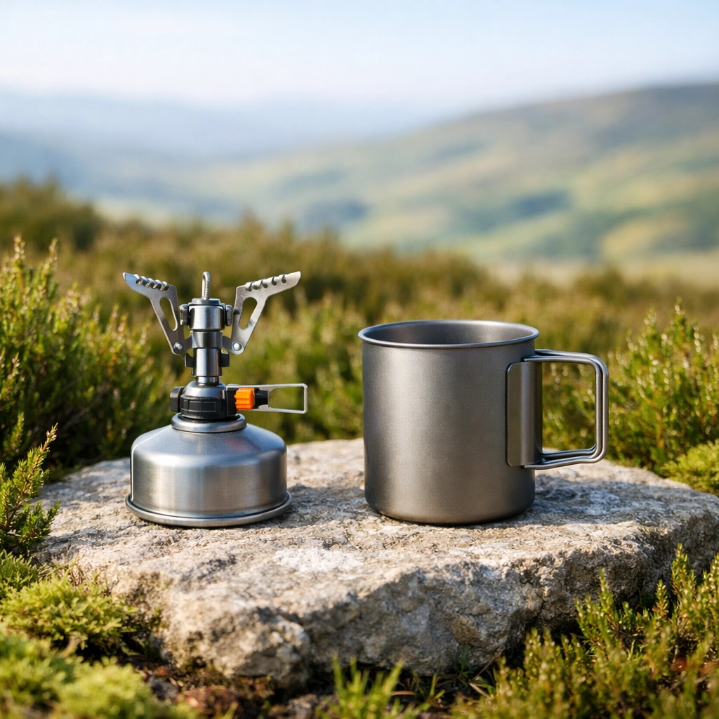 Lightweight camping stove and titanium mug on a rock for a wild camping guided UK trip.