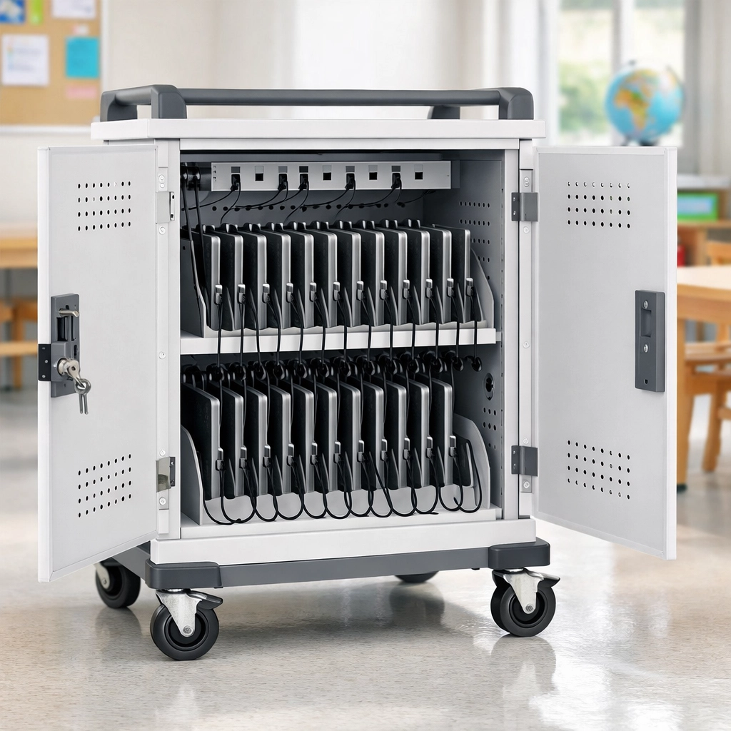 Mobile charging cart storing and charging tablets with organized cable management for schools
