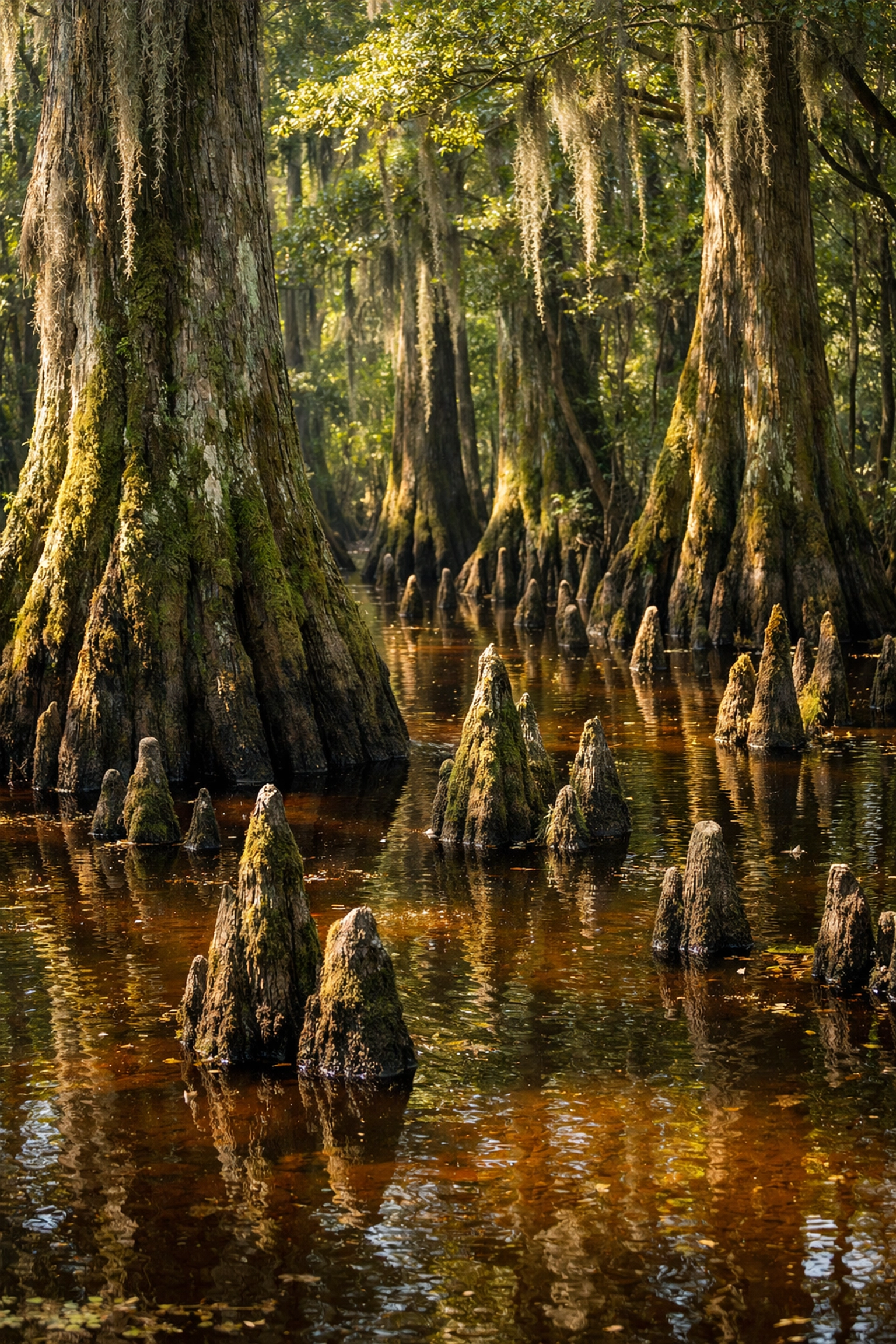 Sunlight filtering through an Everglades cypress dome, capturing the unique textures of a cypress swamp.