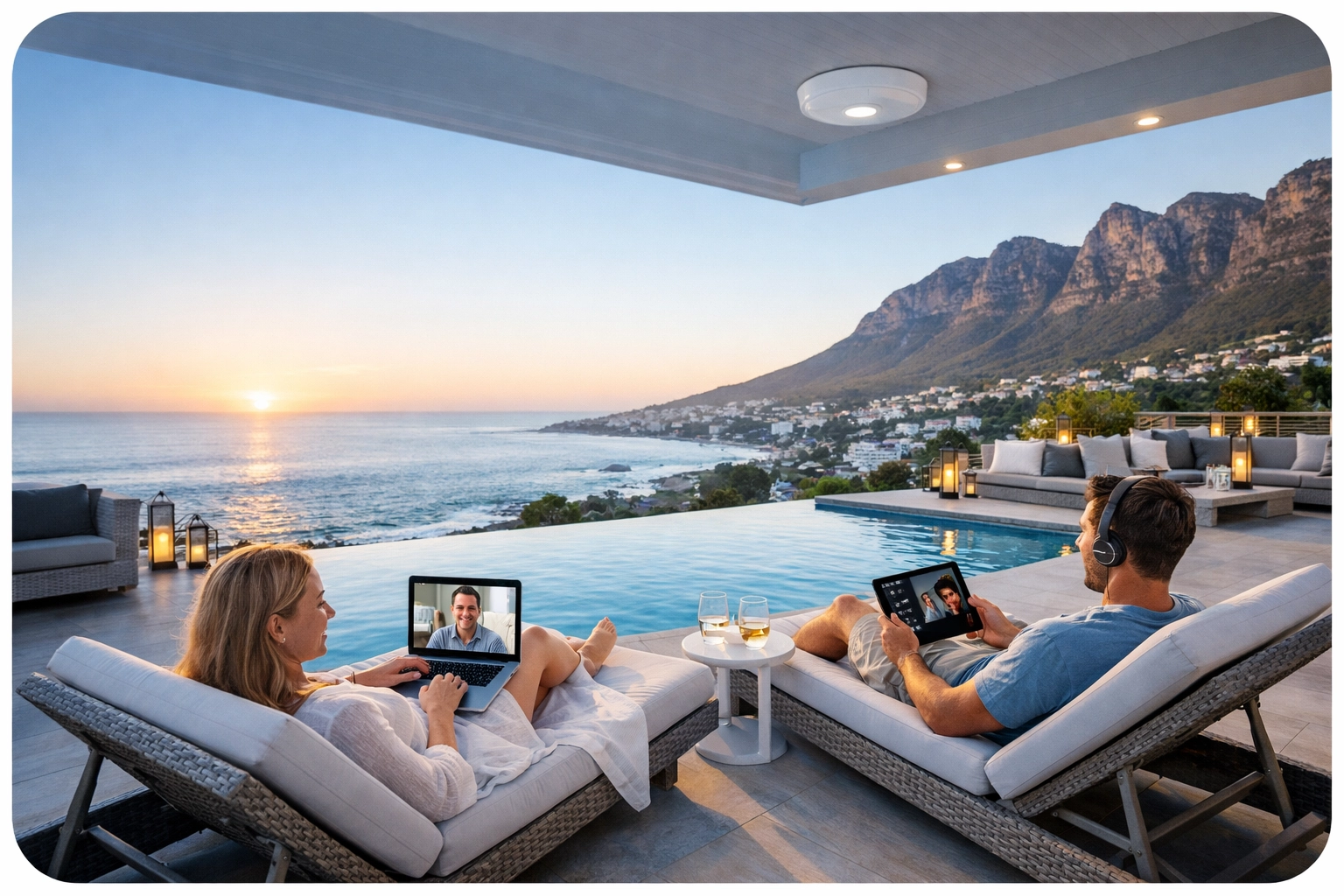 Guest enjoying seamless WiFi connectivity at Camps Bay villa infinity pool with managed network