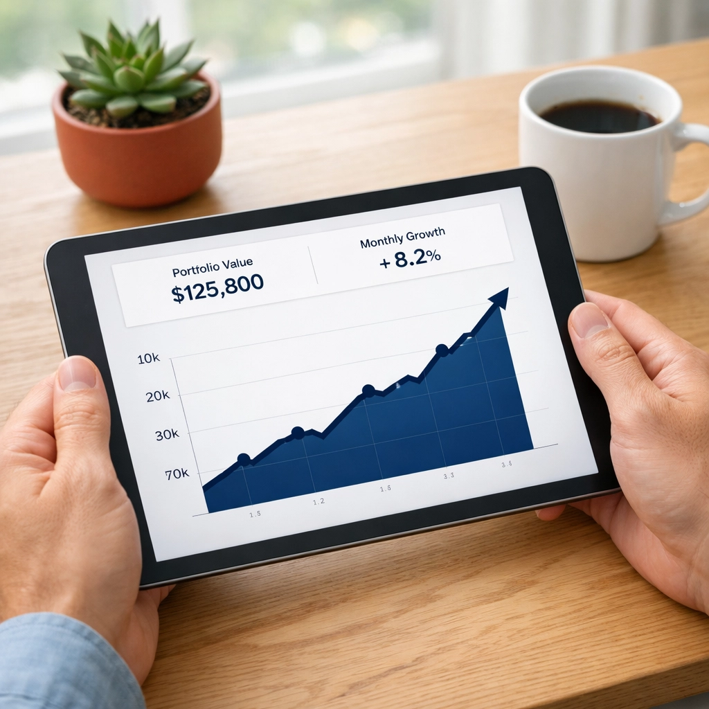 Digital tablet showing an upward trending credit score graph, representing consistent financial habits for 2026.