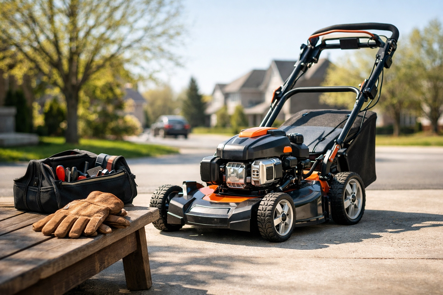 Lawnmower and maintenance tools prepared for spring lawn care and property management on Staten Island.