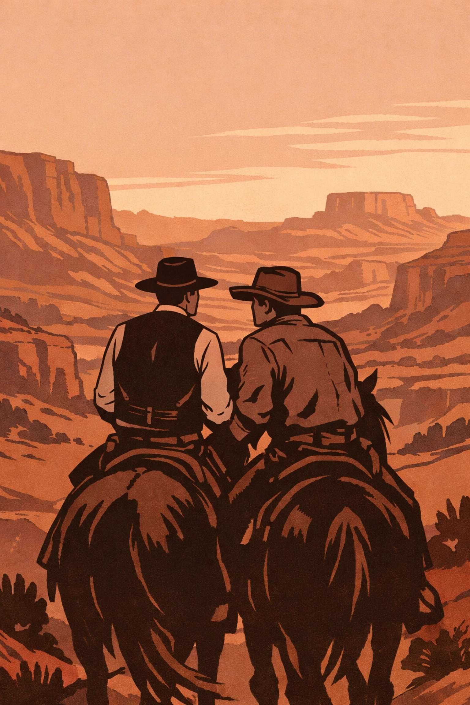Two cowboys on horseback overlooking Arizona canyon in forbidden romance historical setting