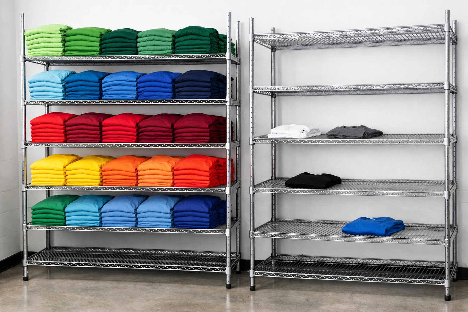 Full inventory of blank t-shirts in February versus depleted stock in late spring