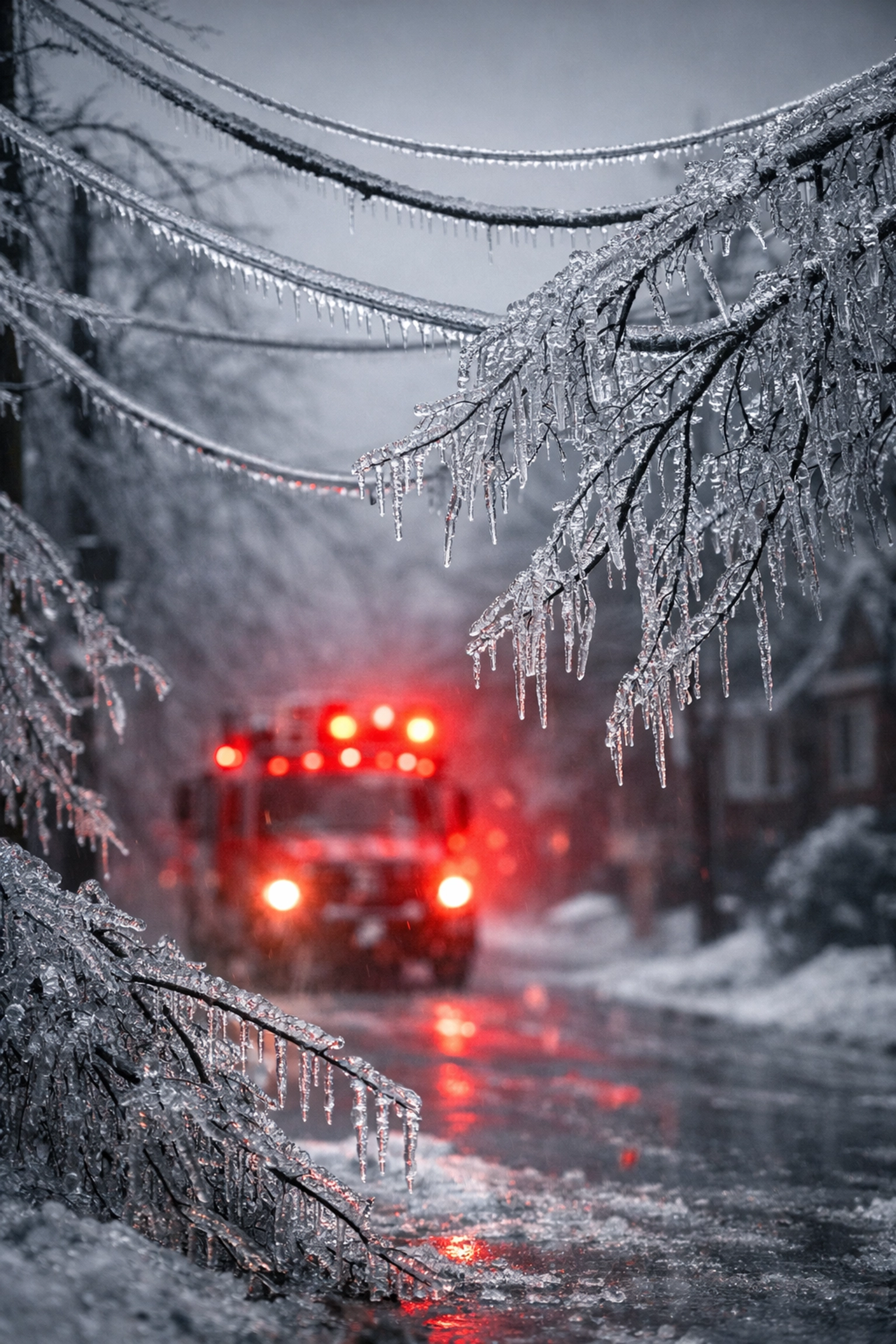 Ice-covered power lines and trees during a severe Canadian freezing rain event causing infrastructure strain.