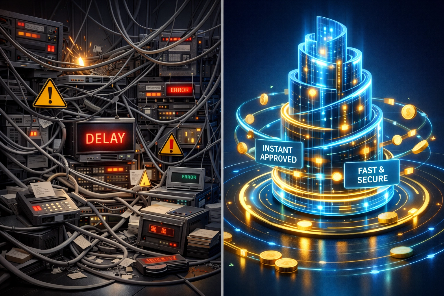 Legacy payment infrastructure compared to streamlined blockchain-based crypto processing system