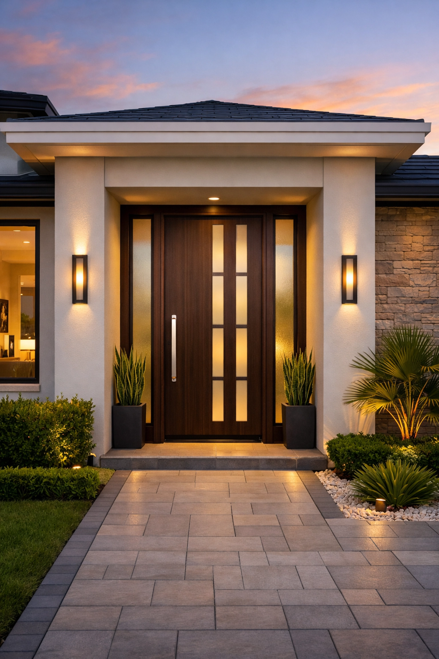 Modern Orlando home exterior featuring a contemporary wood front door and sleek landscaping for high curb appeal.
