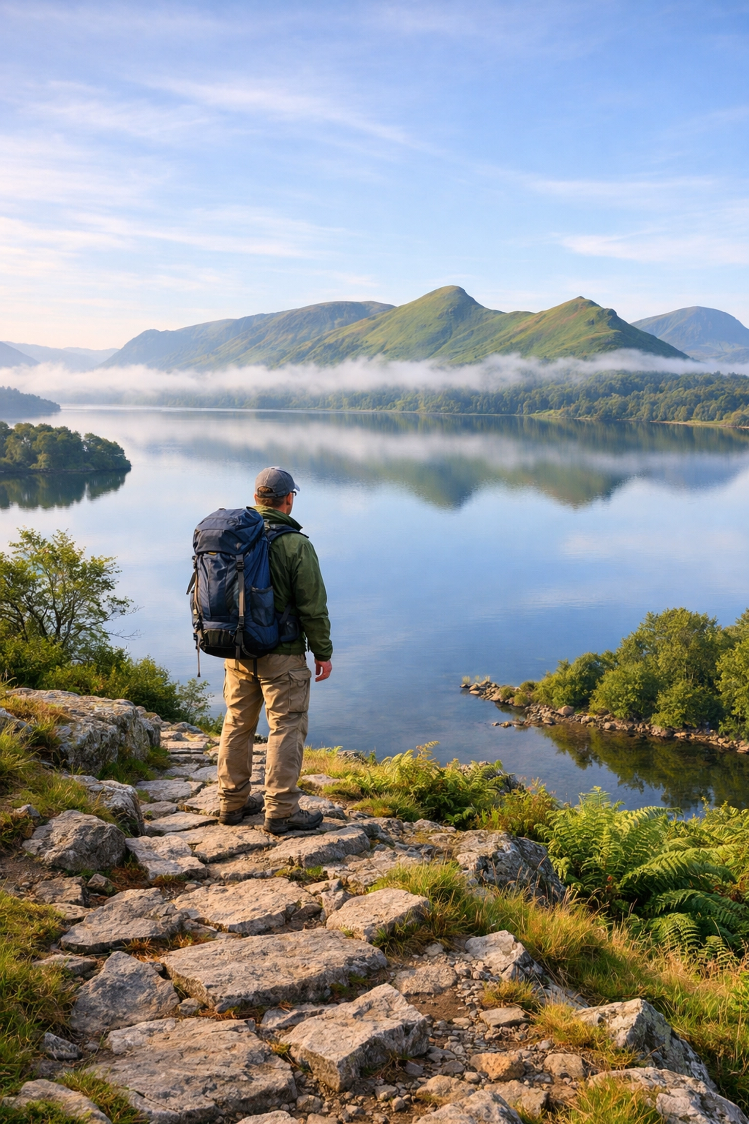 Solo hiker enjoying guided walks in the Lake District with views over Derwentwater and misty mountains.