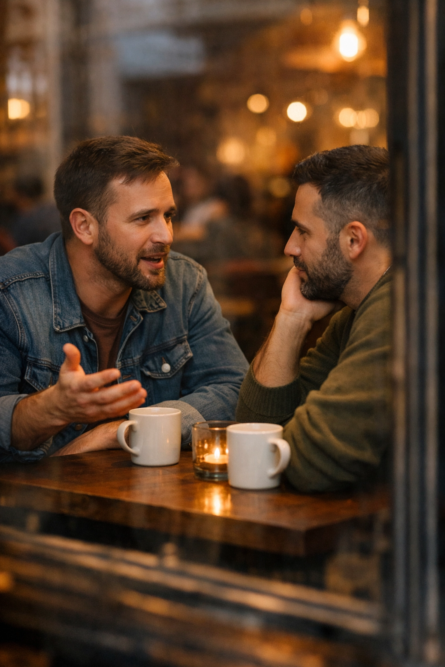 Gay couple having boundary conversation about dating in recovery at café