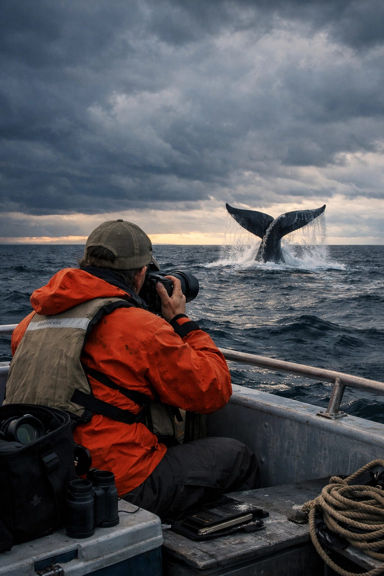 Wildlife researcher documenting North Atlantic right whale for conservation storytelling