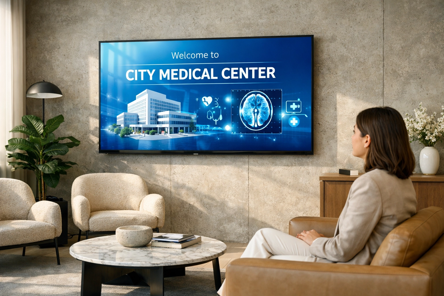 Hyper-targeted digital signage in a medical office waiting room engaging patients.