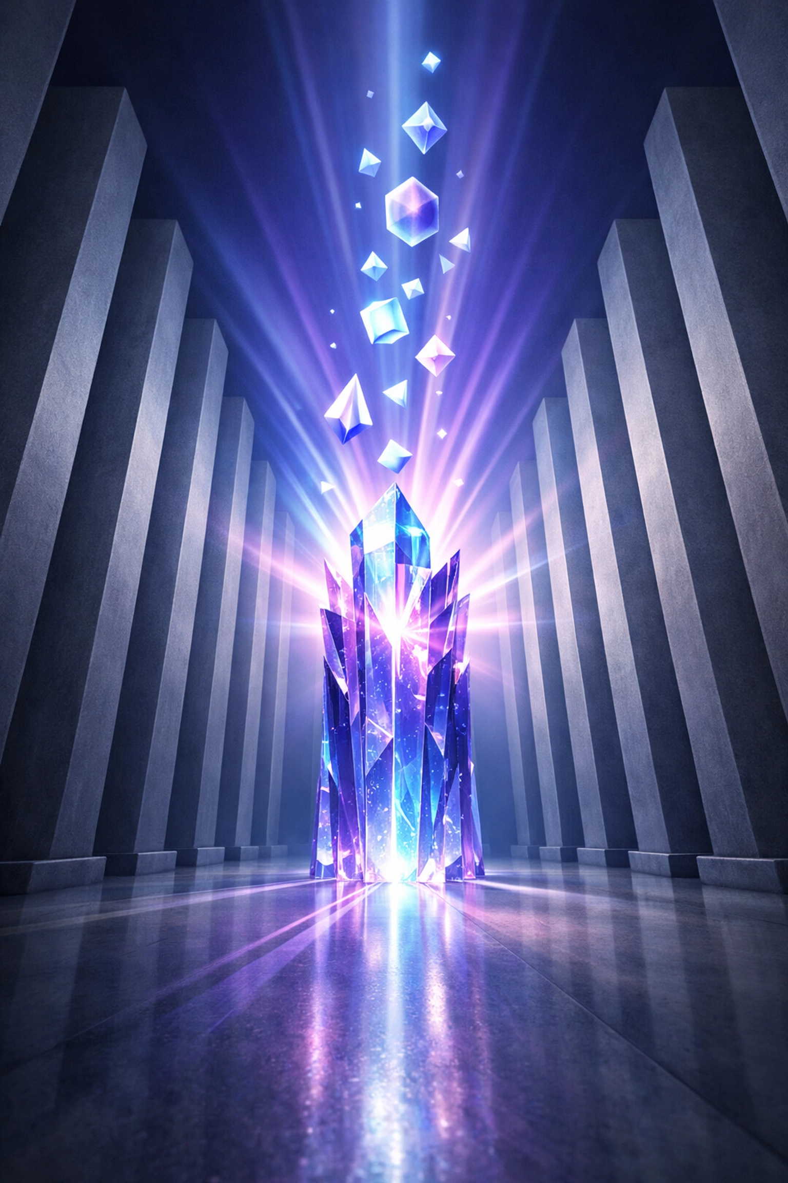 A glowing crystalline structure among grey columns representing workplace authenticity as a competitive performance edge.