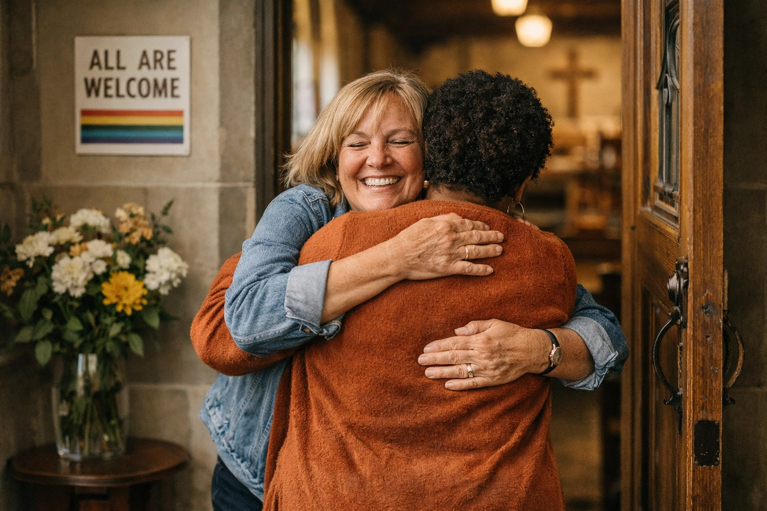 Lesbian couple embracing warmly at church entrance showing genuine welcome and acceptance