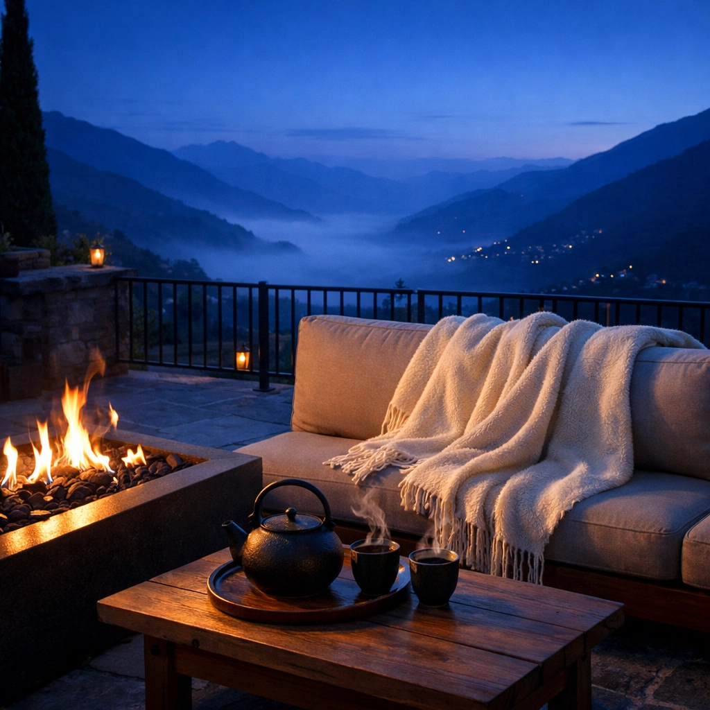 Private estate terrace with fire pit and tea service highlighting anticipatory hospitality.