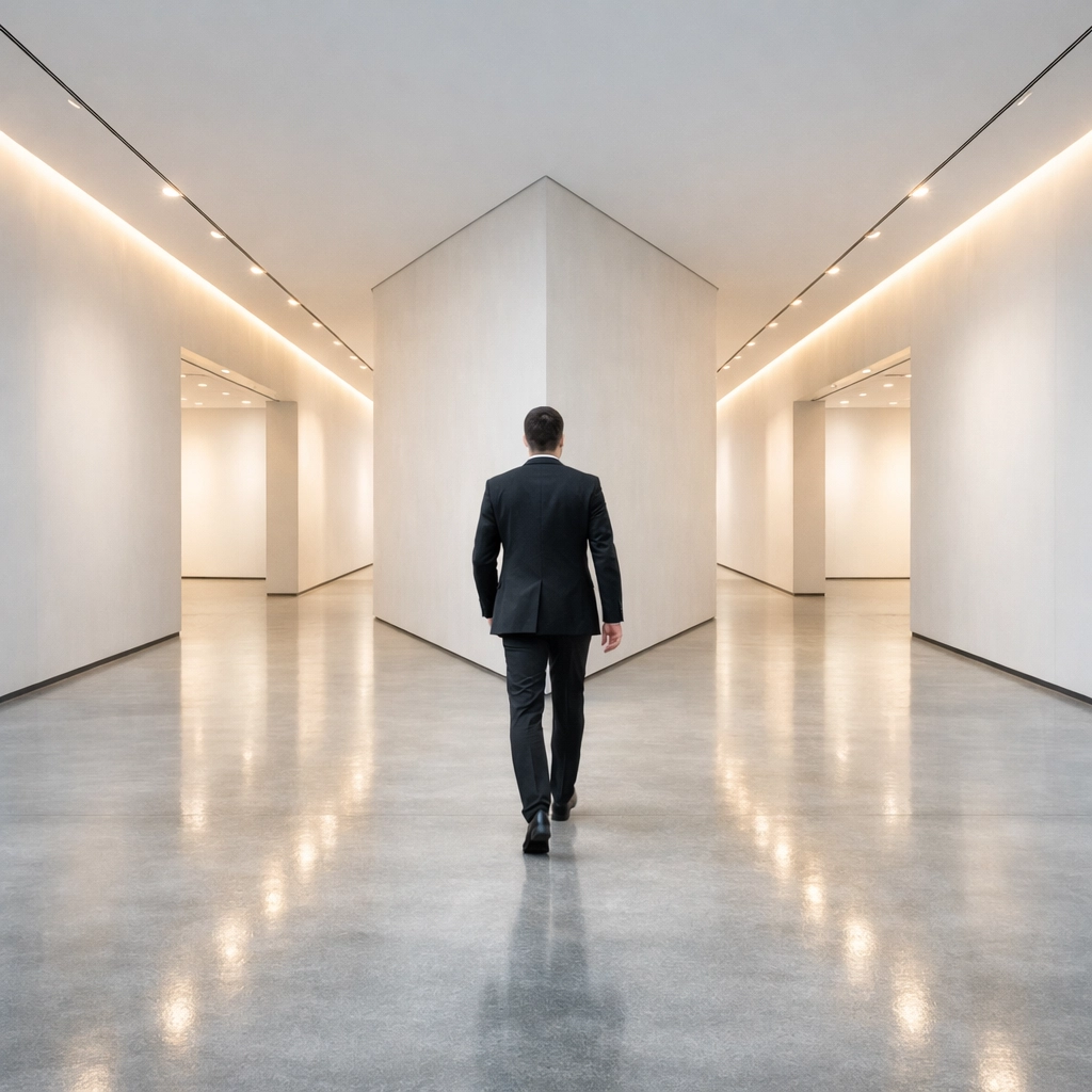 A professional navigating a strategic crossroad between IPO and M&A exit strategies in the GCC market.