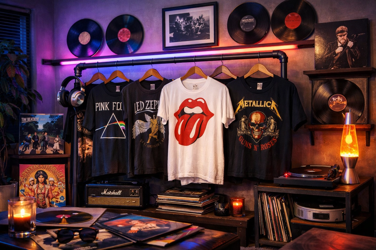 Collection of officially licensed band hoodies and t-shirts on a rack with vintage records.