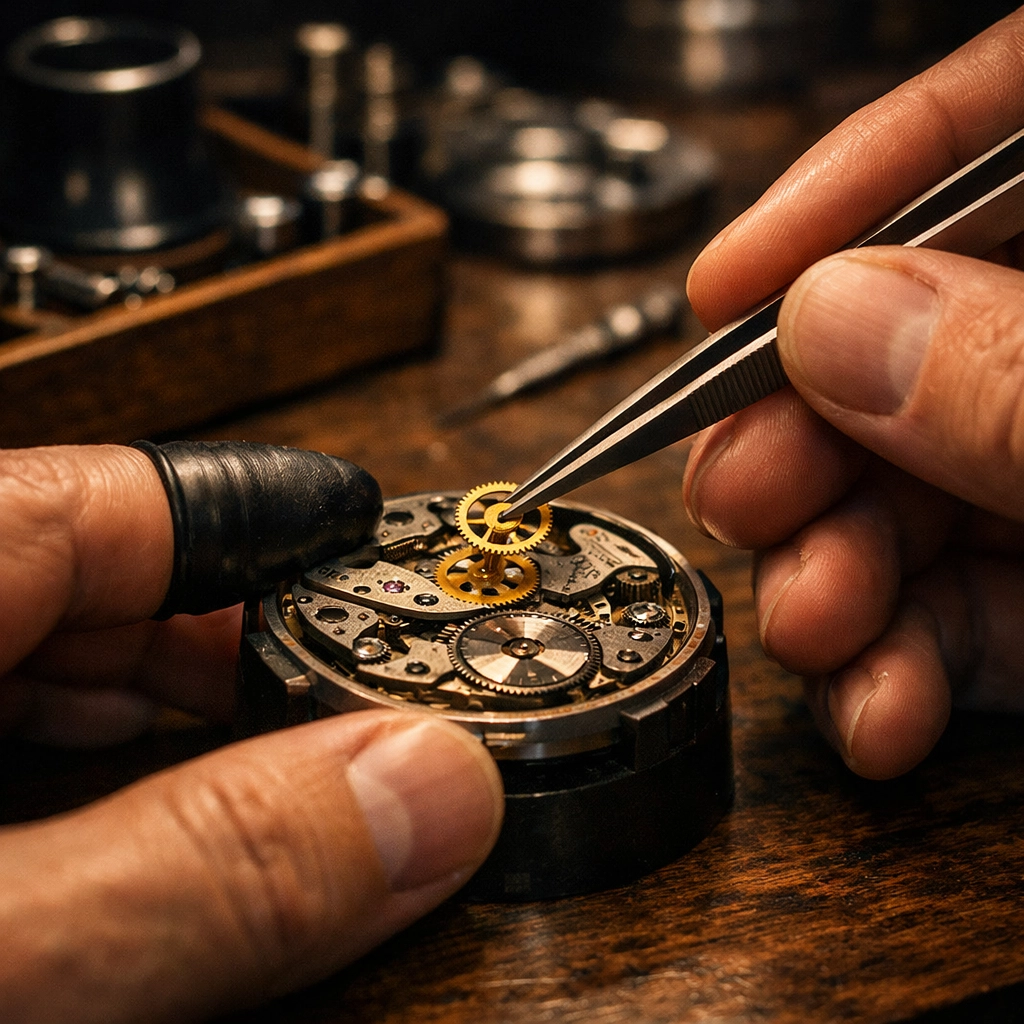 Close-up of a master watchmaker performing delicate maintenance on a high-end mechanical timepiece.