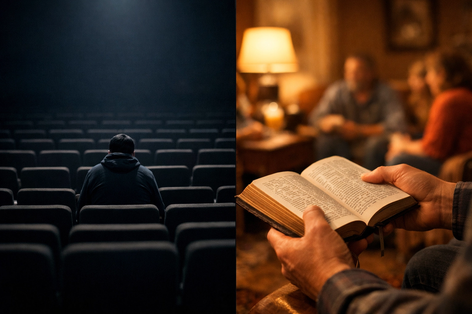 Contrast between empty church auditorium and intimate home Bible study group in warm lighting
