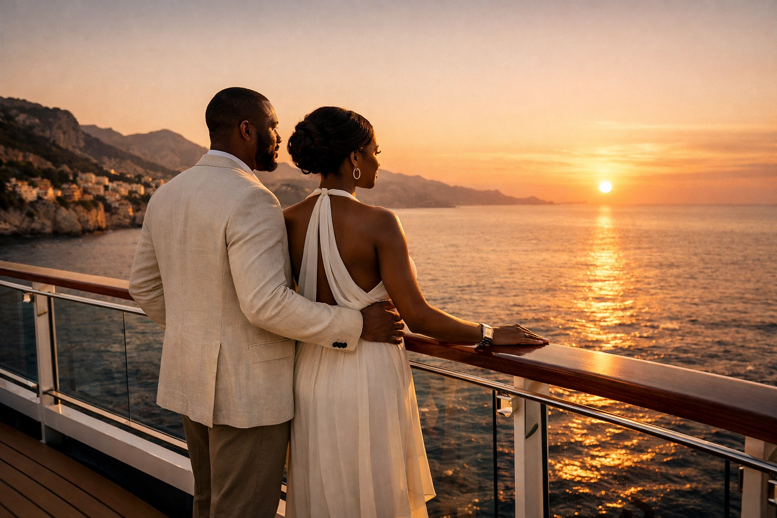 A couple enjoying a luxury cruise balcony sunset, highlighting specialized cruise travel niches.