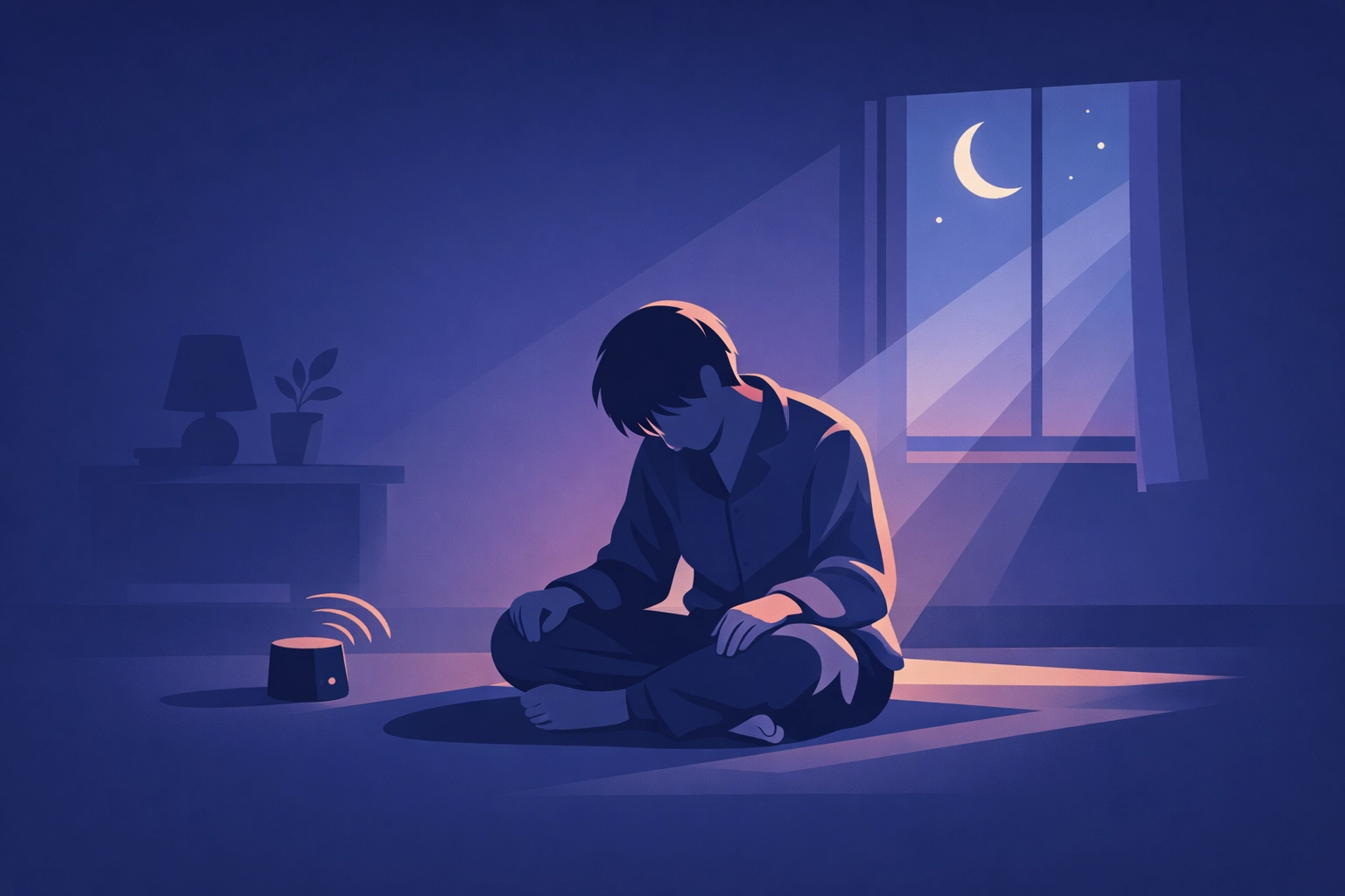 Person in quiet prayer listening to worship music at night when too tired to form words