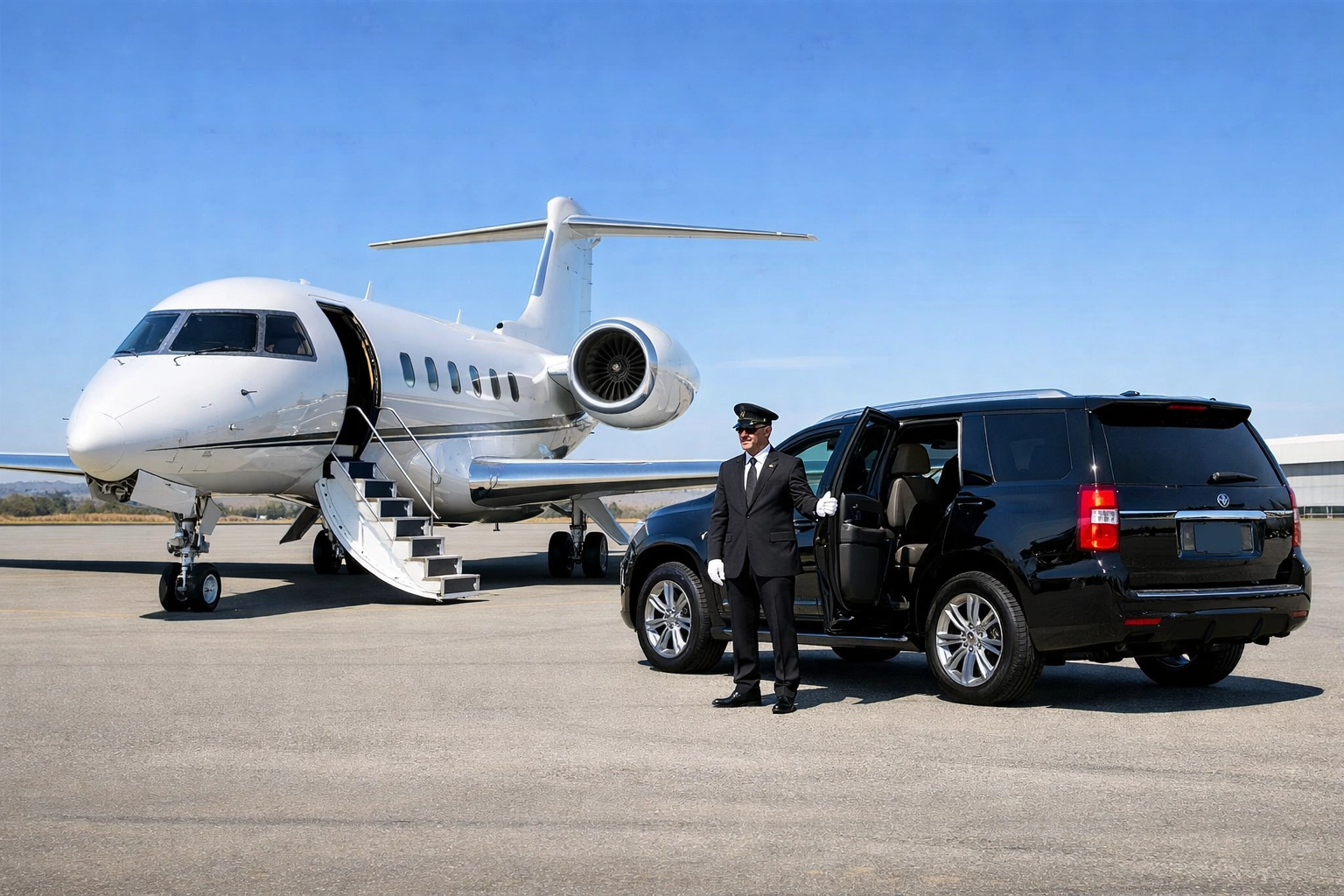 Private jet and luxury SUV with chauffeur representing elite Super Bowl executive arrival logistics.
