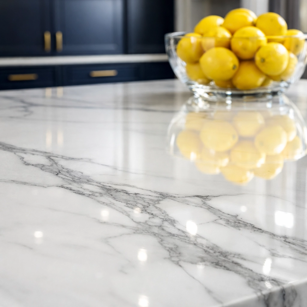 Spotless marble kitchen island highlighting the high-level standard of professional house cleaning services MA.