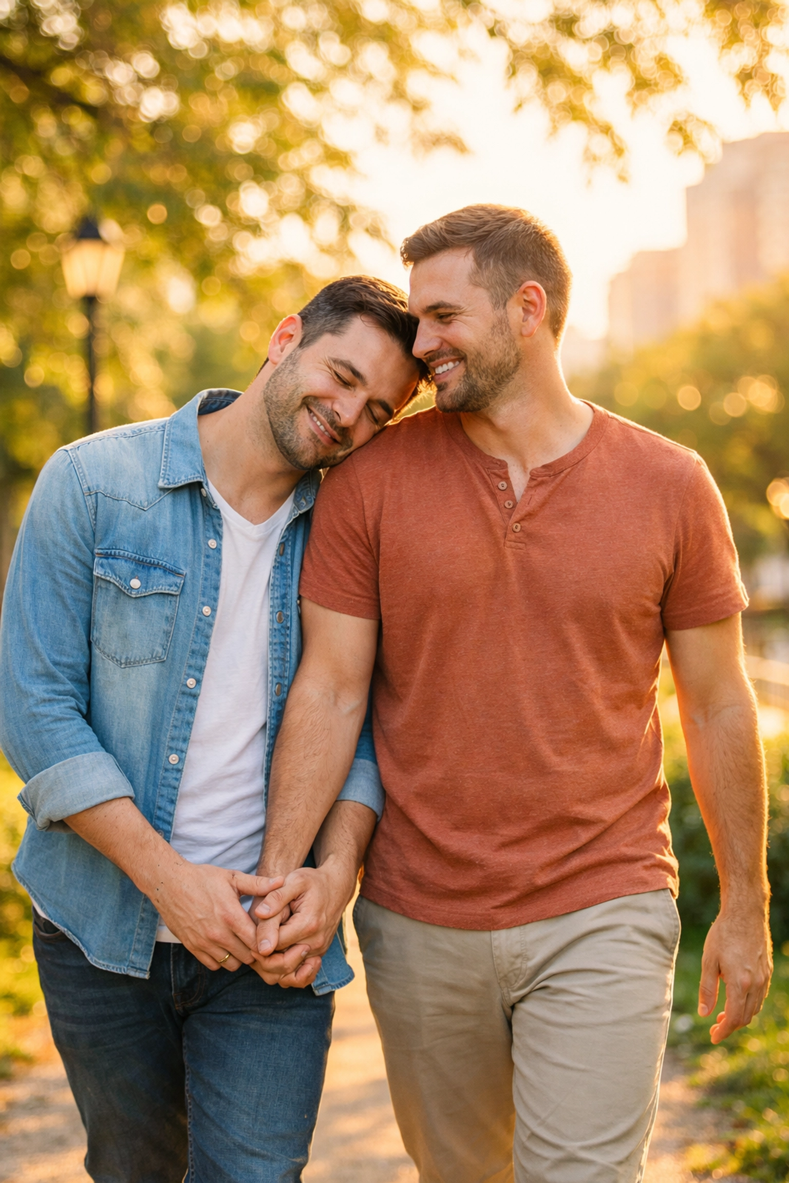 Two men walking hand-in-hand in a park, representing a happy ending in a heartfelt gay love story.