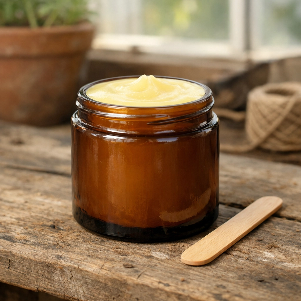 Amber glass jar of NECTR tallow and honey balm on a rustic wooden surface for clean skincare.