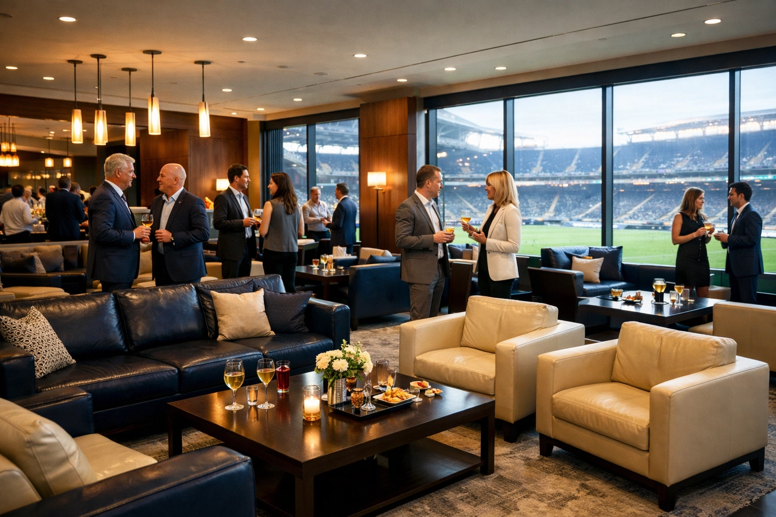 Boost Your Brand Visibility Instantly with These 5 Super Bowl Hospitality Strategies Executives networking in luxury VIP lounge with stadium views during Super Bowl hospitality event