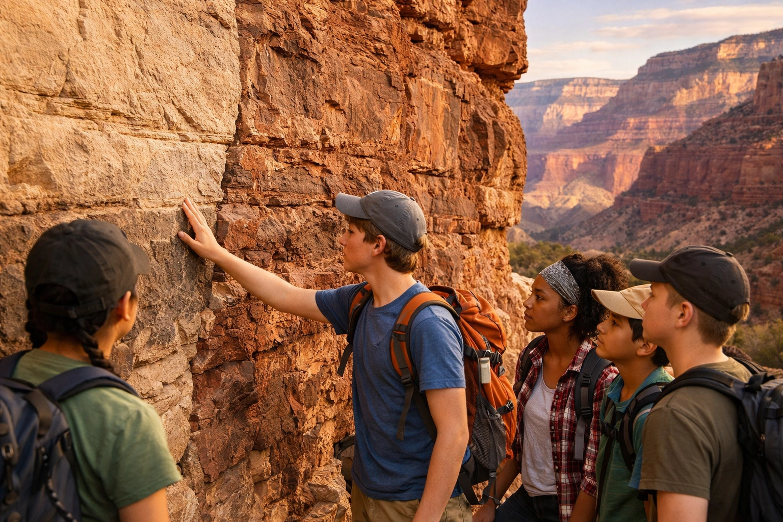 Students touching ancient rock layers during a Grand Canyon geology school trip.