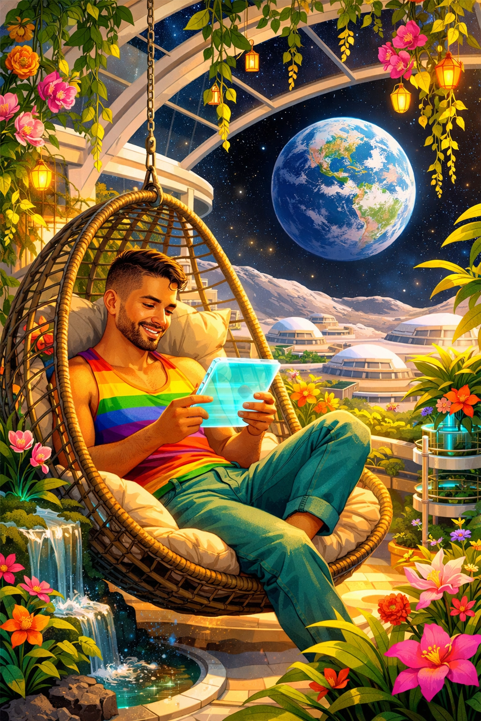 Man reading gay eBooks on a tablet in a lush solarpunk lunar garden, celebrating queer joy and LGBTQ+ fiction.